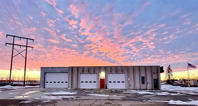 Harwood Area Fire & Rescue building with sunset